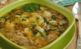 Гречневый суп с грибами, картофельными клёцками и зеленью